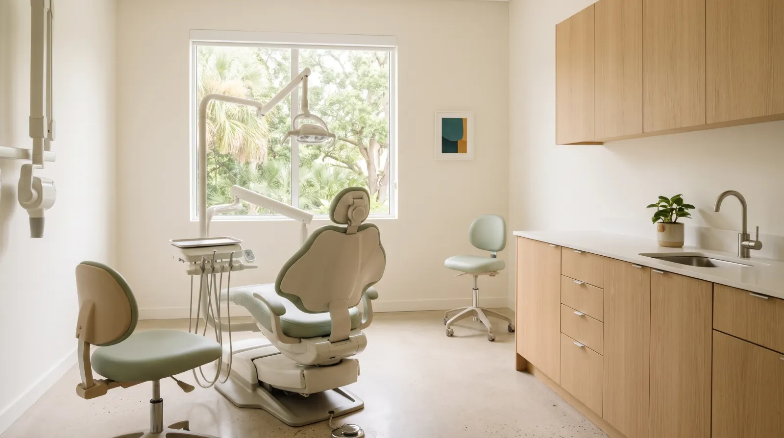 A bright, empty treatment room with a sage-green dental chair and a window onto trees