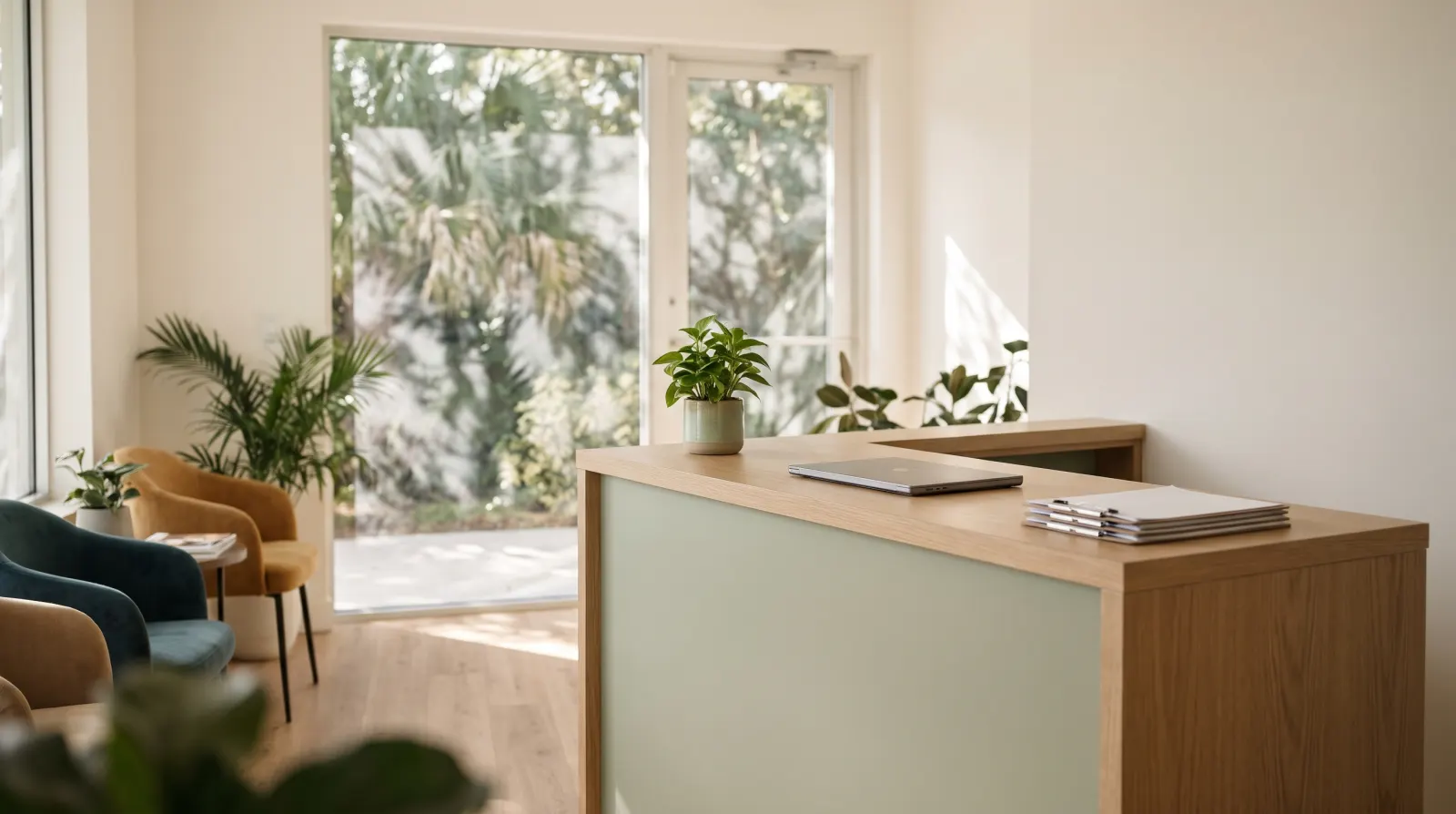 Reception desk of a small practice in the morning, with a closed laptop, a plant and waiting-room chairs by a window