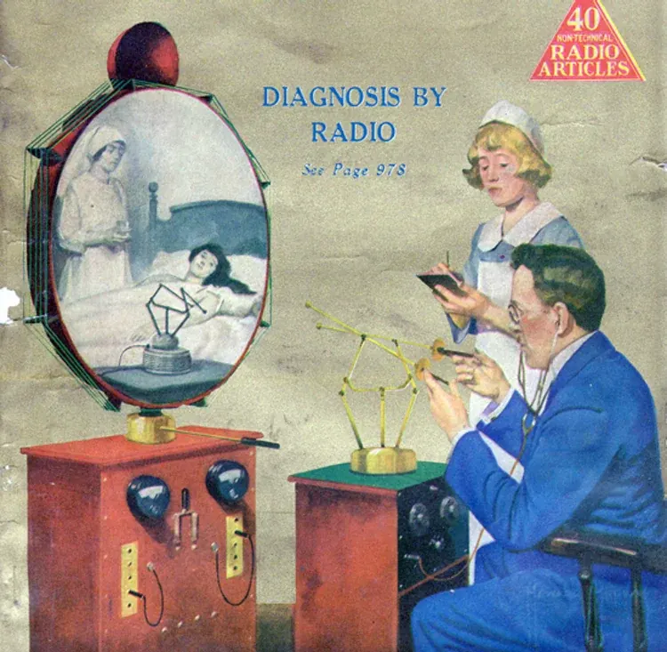 1925 magazine cover imagining a doctor examining a patient by radio and a television screen