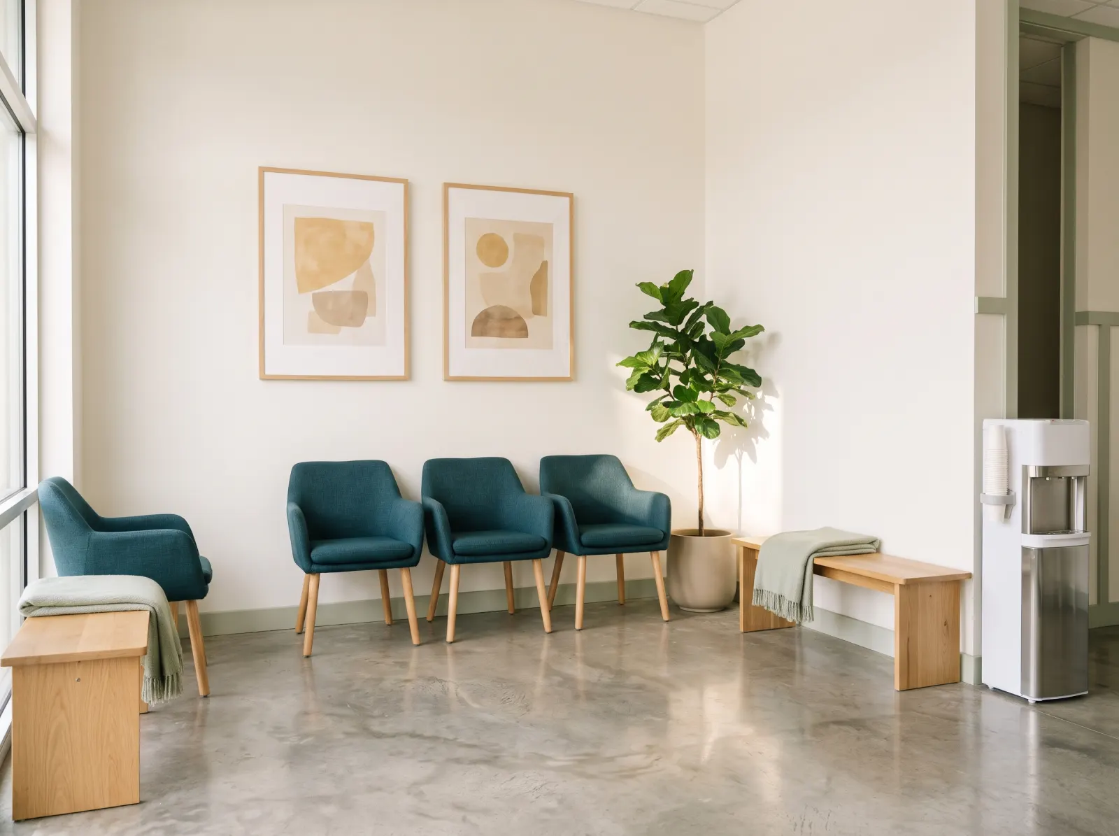 An empty clinic waiting room with teal chairs, an oak bench, a tall plant and framed abstract prints